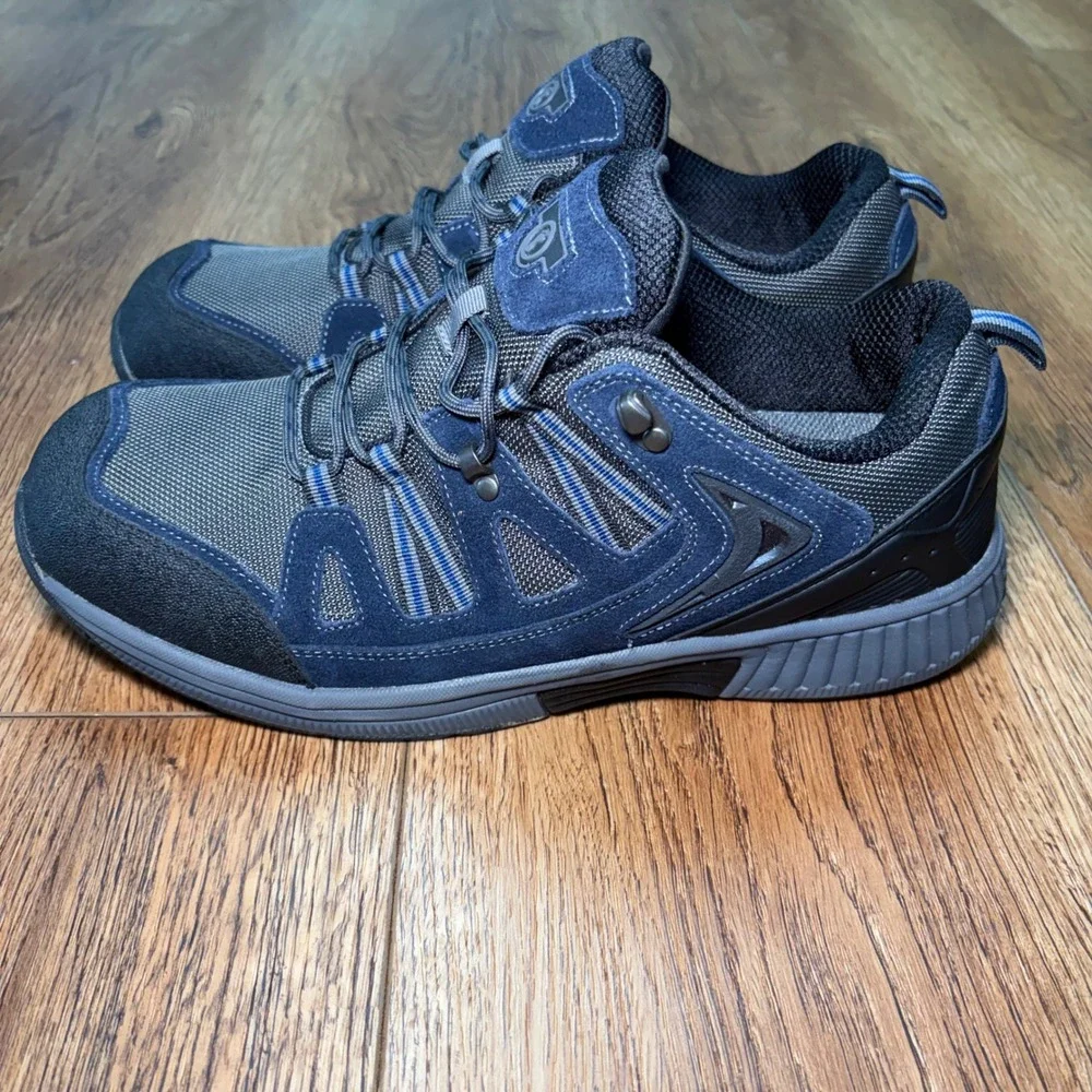OrthoFeet Mens 12 Wide 2E Walking Shoes Blue Grey Leather Mesh 643 Sneakers EUC